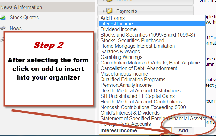 Adding a form to tax organizer