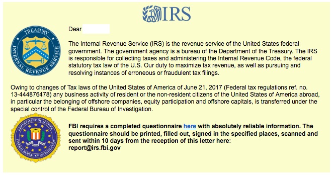 IRS questionnaire text with IRS and Department of Justice logos